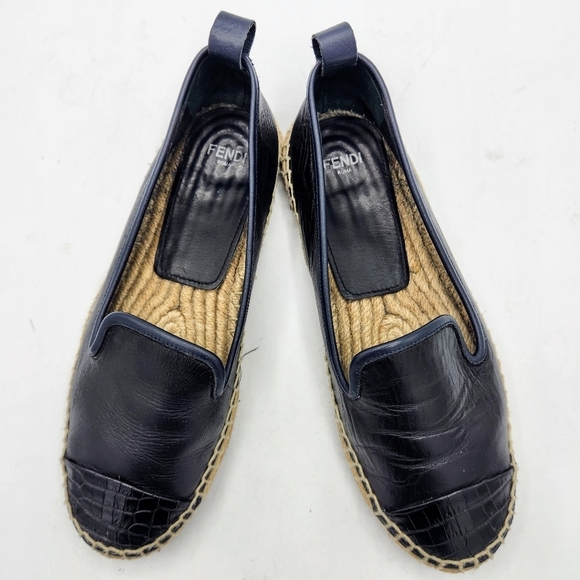 Fendi Leather Black Croc Embossed Cap Toe Junia Espadrilles Flats Size 37 - Picture 10 of 15